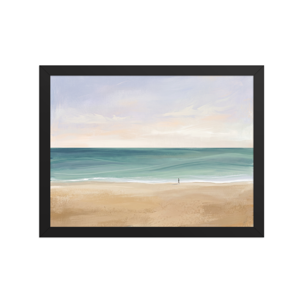 'Solitary Shore' — a Minimalism,Impressionism print. A minimalist painting of a vast, tranquil beach with a tiny silhouetted figure walking alone by the water under a soft pastel sky, perfect for a Bedroom or Meditation Room.