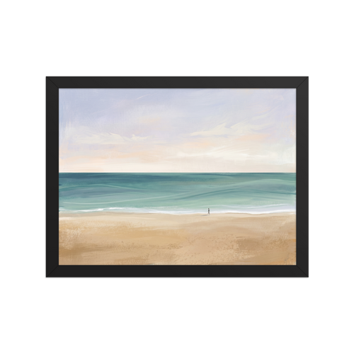 'Solitary Shore' — a Minimalism,Impressionism print. A minimalist painting of a vast, tranquil beach with a tiny silhouetted figure walking alone by the water under a soft pastel sky, perfect for a Bedroom or Meditation Room.