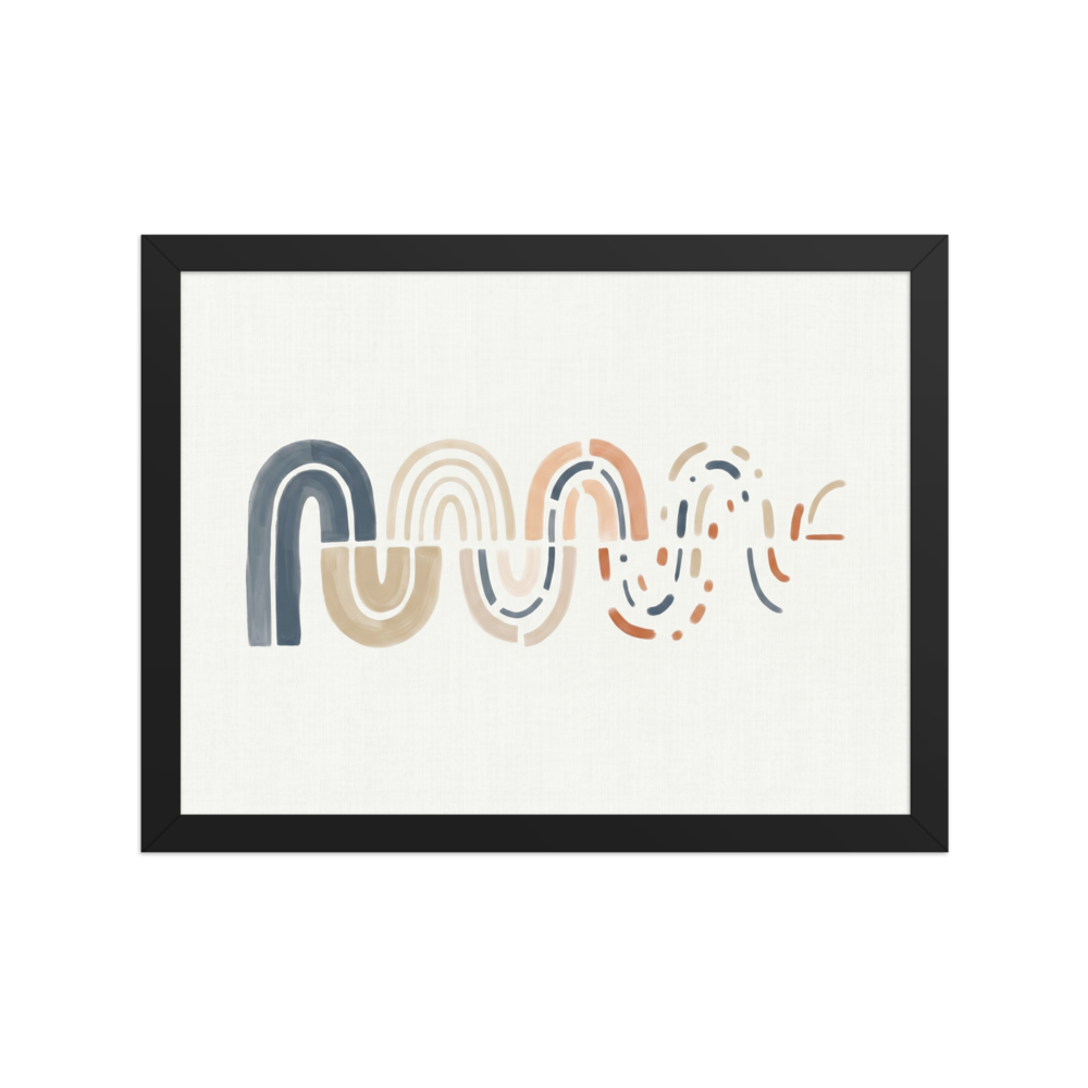 'Unraveling Waves' — a Minimalism,Abstract art print. A minimalist abstract painting featuring a wavy line of nested arches in blue and peach that break apart into dots and dashes, perfect for a modern Nursery or Bedroom.