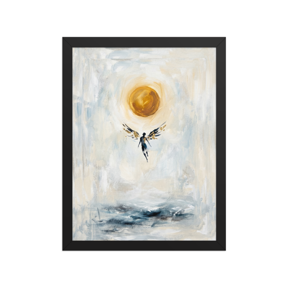 'Icarus Ascending' — a Expressionism,Symbolism print. An expressive painting of a winged figure flying upward toward a bright golden sun over dark, stormy waters, perfect for an Office or Living Room.