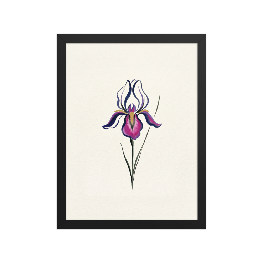 'Iris in Bloom' — a Minimalism print. A minimalist painting of a single purple and magenta iris flower with green stems on a cream background, perfect for a Bedroom or Bathroom.