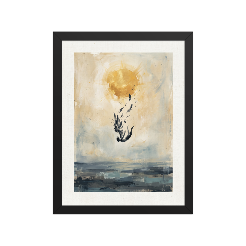 'Icarus Falling' — a Expressionism,Symbolism print. An expressive painting of a winged figure falling from a bright golden sun, losing feathers, towards dark choppy waters, perfect for a Living Room or Office.