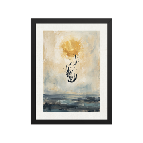 'Icarus Falling' — a Expressionism,Symbolism print. An expressive painting of a winged figure falling from a bright golden sun, losing feathers, towards dark choppy waters, perfect for a Living Room or Office.