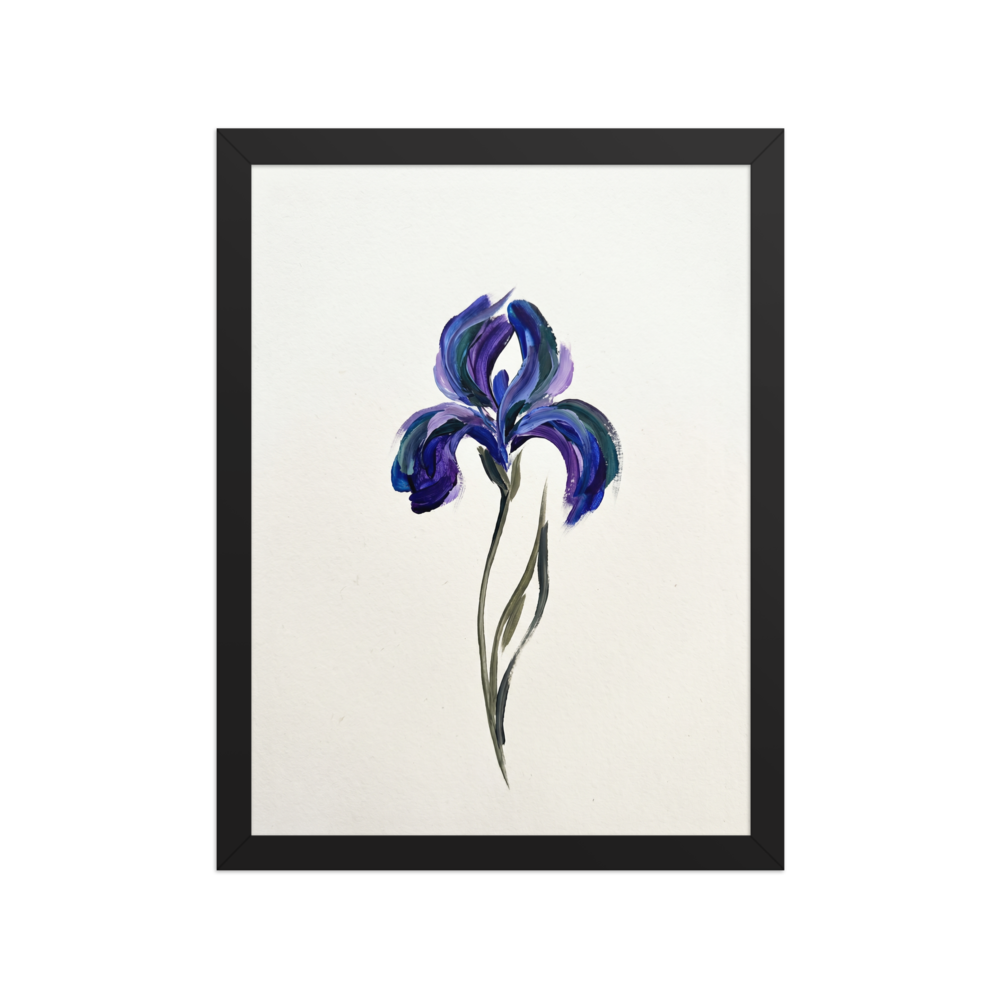 'Violet Impressions' — a Minimalism,Impressionism print. An expressive minimalist painting of a single purple iris flower using thick, bold brushstrokes on a white background, perfect for a Bedroom or Office.