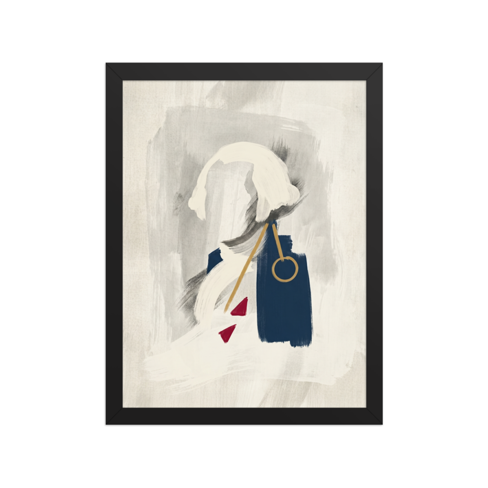 'Abstract Statesman' — a Abstract art,Minimalism print. An abstract, minimalist painting of a figure with white hair in a dark blue coat, featuring thick brushstrokes and touches of gold and red, perfect for an Office or Library.