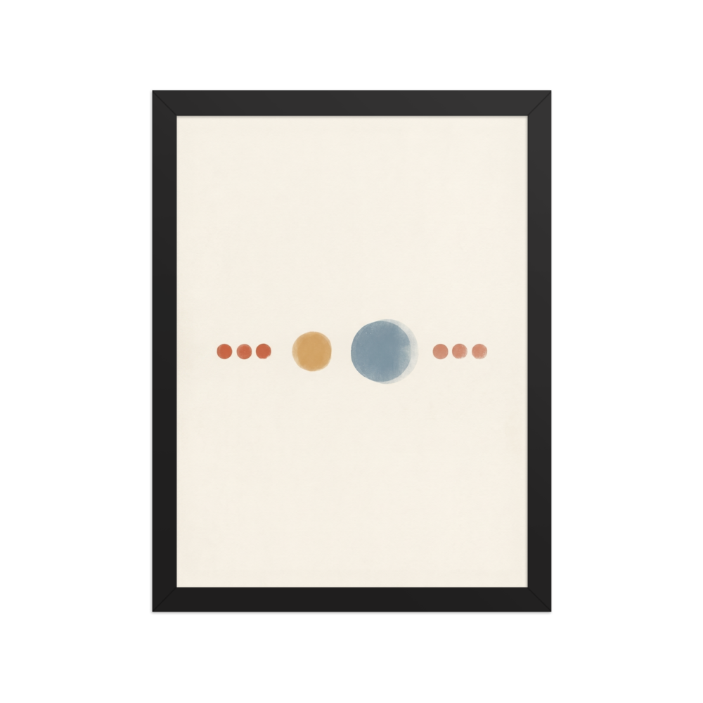 'Celestial Alignment' — a Minimalism print. A minimalist painting of a horizontal line of geometric circles in orange, gold, and blue on a cream background, perfect for a modern Office or Bedroom.