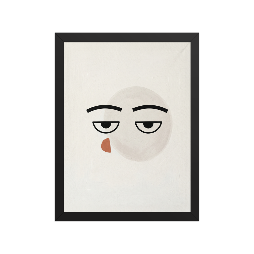 'Unamused' — a Minimalism,Pop art print. A minimalist painting of an unamused face made with simple black lines and circles against an off-white background, perfect for a Game Room or modern Office.