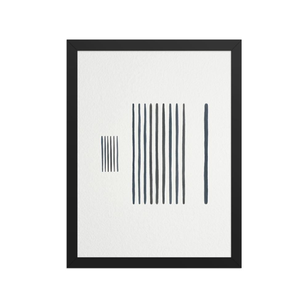 'The Measure of Silence' — a Minimalism print. A minimalist artwork featuring vertical gray lines arranged in distinct groups on a textured white background, perfect for a serene office space.