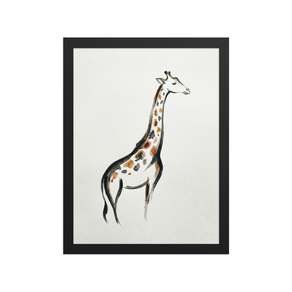 'The Tall Gent' — a Minimalism print. A minimalist watercolor sketch of a giraffe with brown and black spots, perfect for adding a touch of nature to a nursery.
