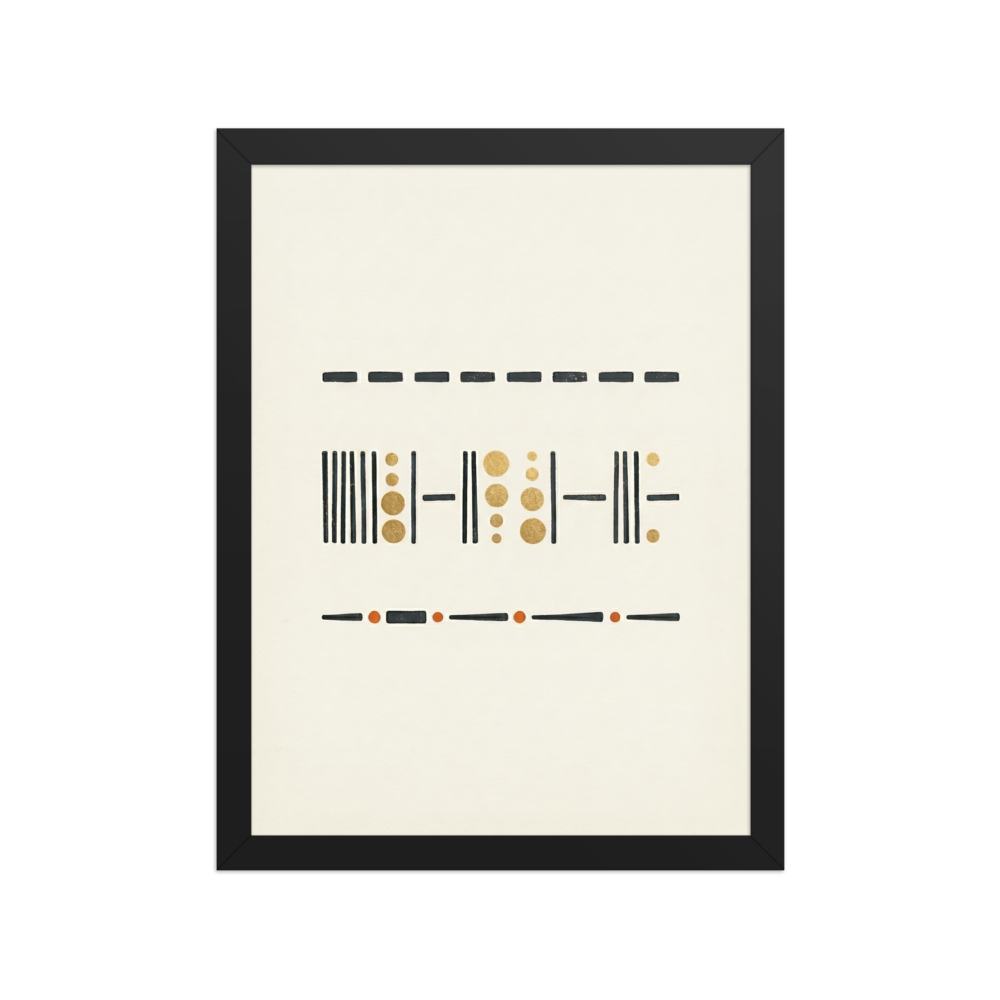 'Golden Rhythms' — a Minimalism,Geometric abstract art print. A minimalist artwork featuring horizontal bands of black lines and gold circles on a cream background, perfect for a contemporary entryway.
