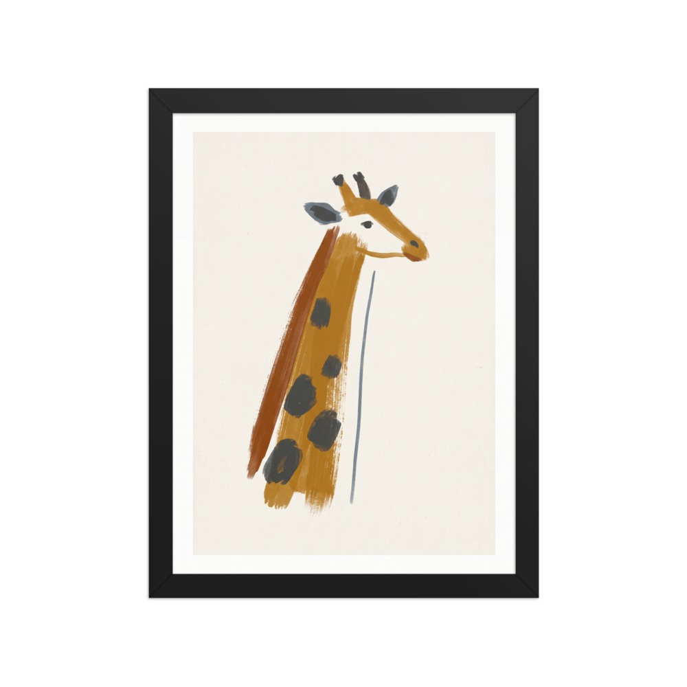 'Modern Safari' — a Minimalism print. A bold, abstract painted giraffe featuring thick ochre and grey brushstrokes on a textured white background, ideal for a modern living room.