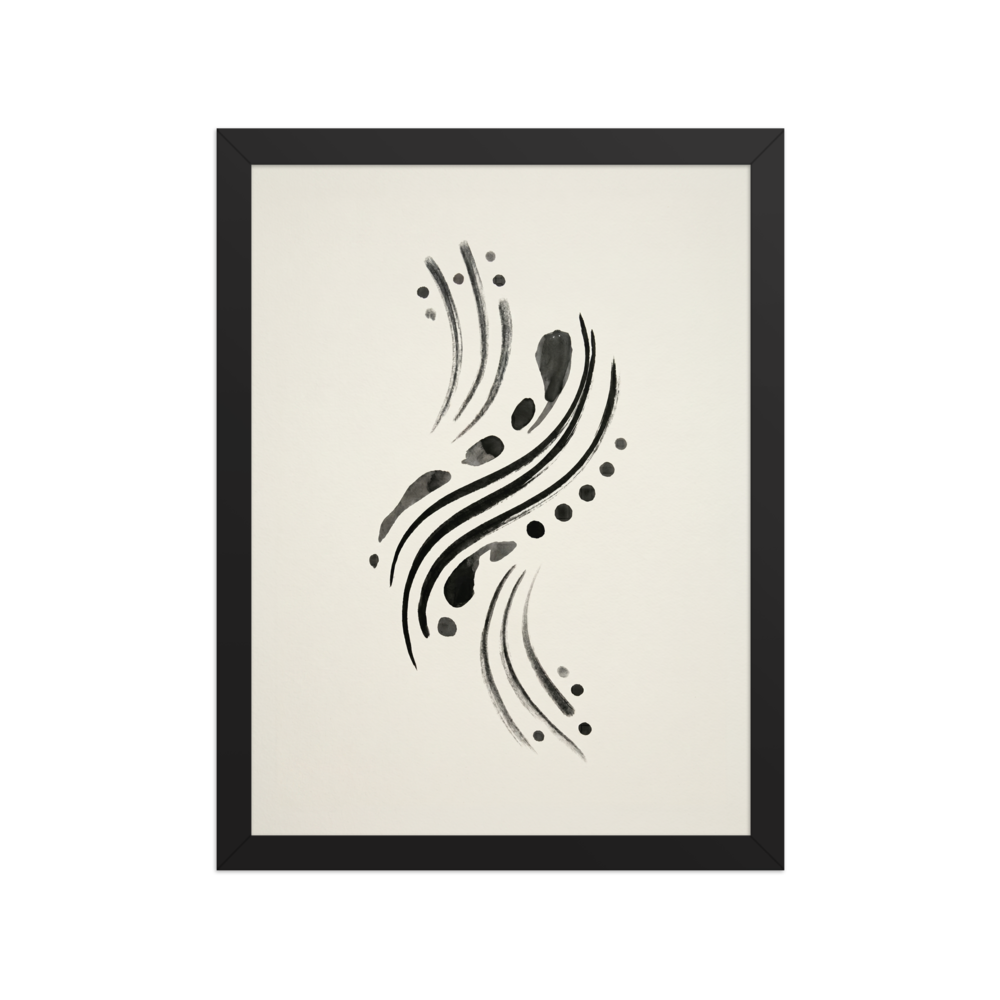 'Fluid Cadence' — a Minimalism,Abstract art print. An abstract minimalist artwork featuring fluid, sweeping black ink brushstrokes and scattered dots on an off-white background, perfect for a modern office.