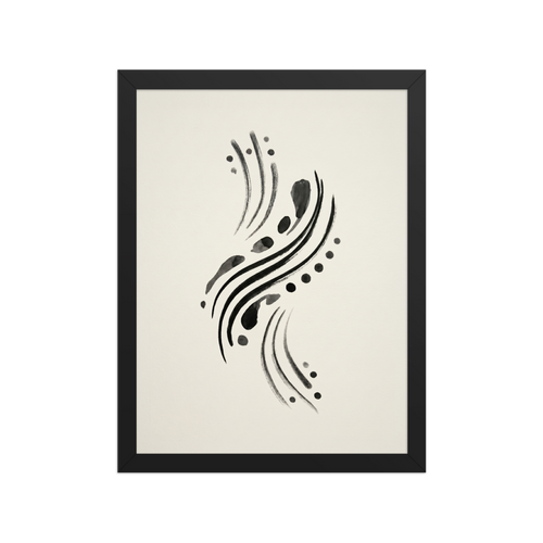 'Fluid Cadence' — a Minimalism,Abstract art print. An abstract minimalist artwork featuring fluid, sweeping black ink brushstrokes and scattered dots on an off-white background, perfect for a modern office.