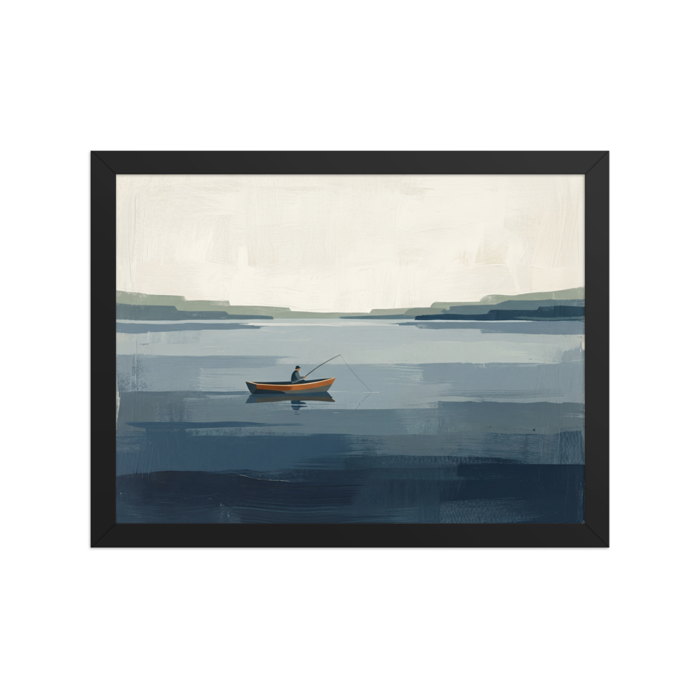 'Quiet Waters' — a Minimalism print. A peaceful minimalist painting of a solitary figure fishing in a small boat on vast blue and grey waters, perfect for a calm bedroom.