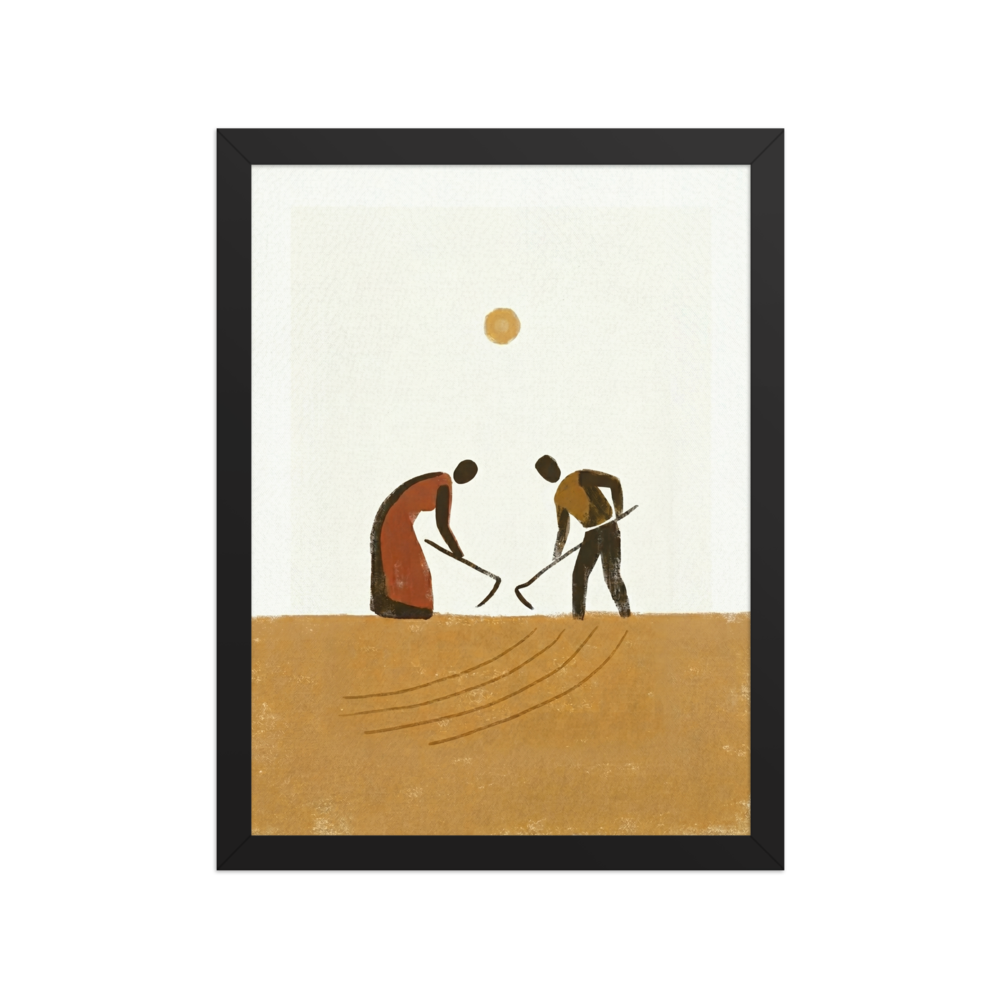 'Harvest Rhythm' — a Minimalism,Modernism print. A minimalist painting of two figures working a golden-brown field with hoes under a simple sun, perfect for a cozy kitchen or dining area.