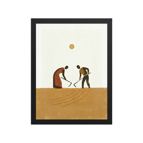 'Harvest Rhythm' — a Minimalism,Modernism print. A minimalist painting of two figures working a golden-brown field with hoes under a simple sun, perfect for a cozy kitchen or dining area.