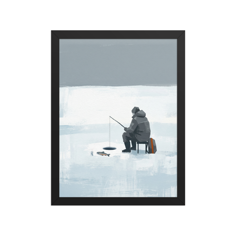 'Winter Solitude' — a Minimalism print. A serene minimalist painting showing a lone figure ice fishing on a frozen white and blue landscape, perfect for a calm study.