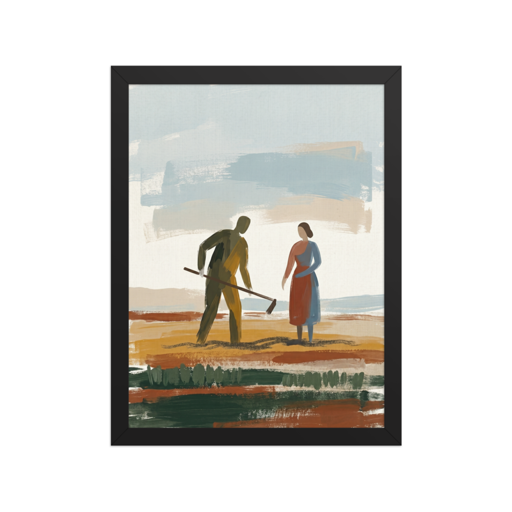 'Tilling the Earth' — a Expressionism,Figurative art print. An expressive painting of a man and a woman working in a colorful, layered field under a muted blue sky, perfect for a rustic dining room.