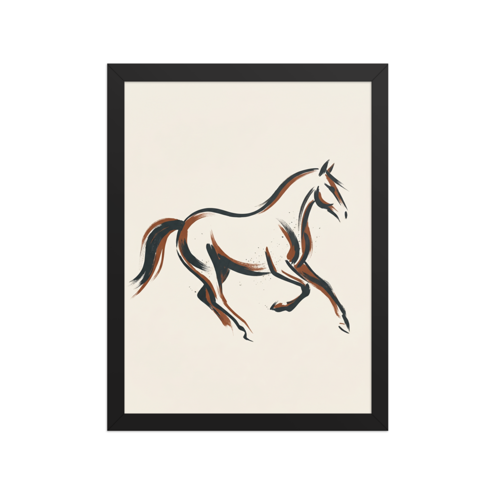 'Fluid Motion' — a Minimalism print. An elegant minimalist line drawing of a running horse in black and brown ink, perfect for a modern living room.