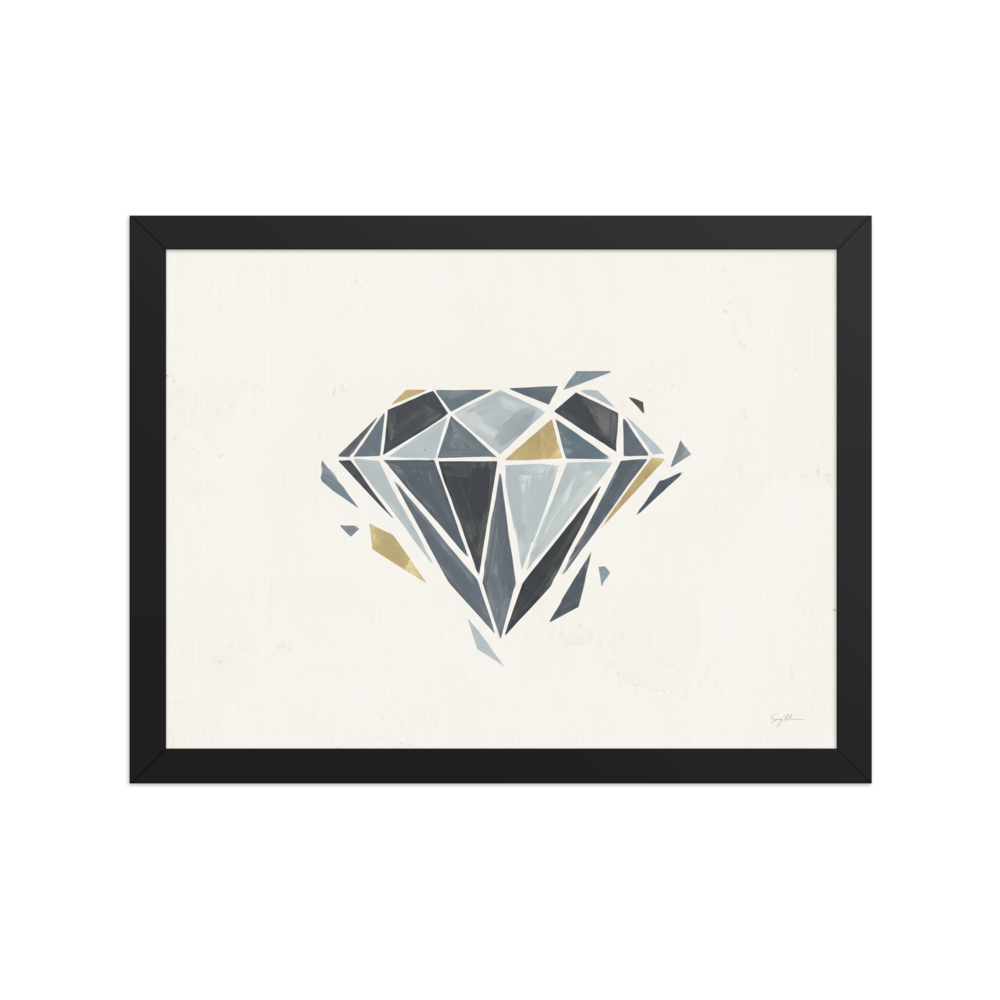 'Shattered Elegance' — a Geometric abstract art print. A geometric minimalist painting of a diamond with grey and gold facets on an off-white background, perfect for a chic office.