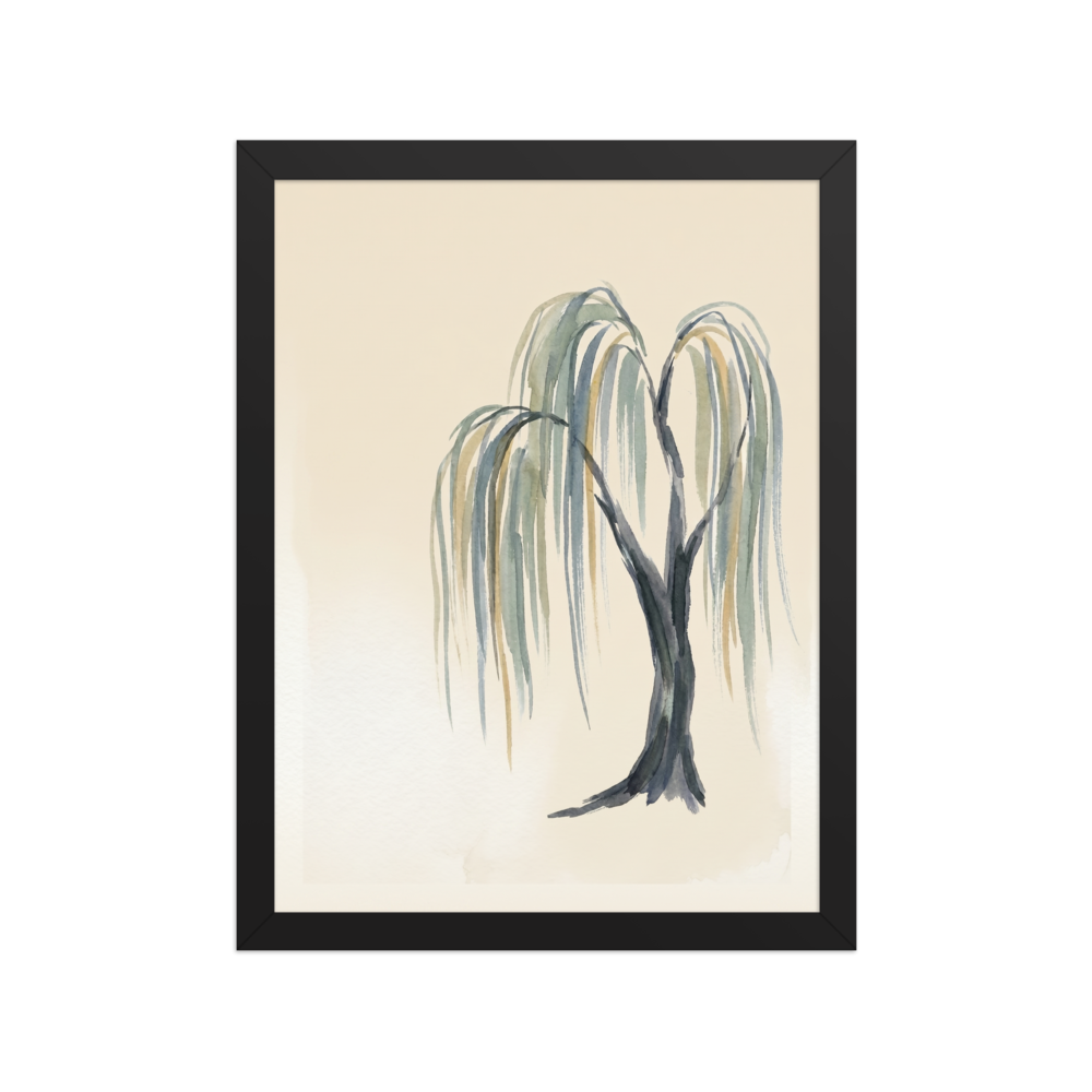 'Weeping Willow Grace' — a Minimalism,Japanese art print. A minimalist watercolor painting of a weeping willow tree with cascading green and grey branches against a soft beige background, perfect for a peaceful bedroom.