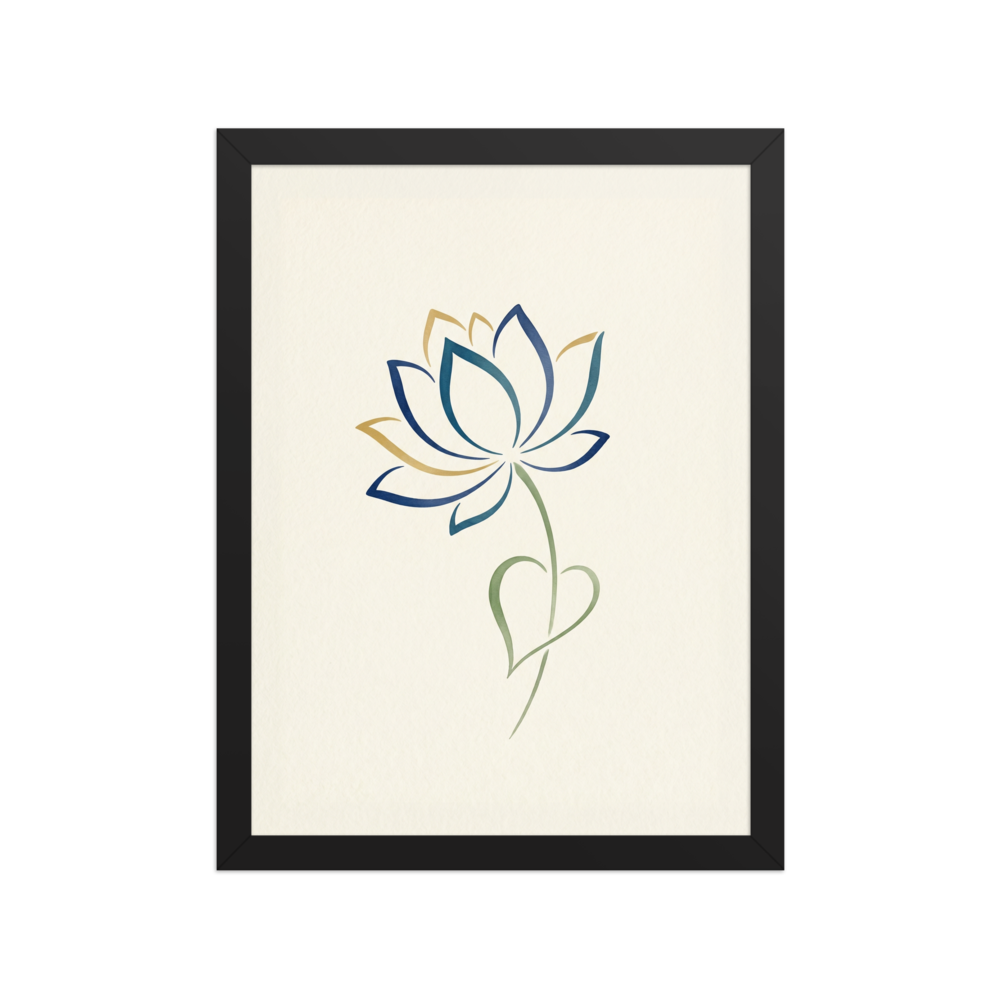 'Sapphire Bloom' — a Minimalism,Digital art print. A minimalist digital illustration of a lotus flower outlined in blue and gold on a cream background, perfect for a modern meditation room.