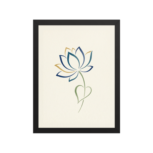 'Sapphire Bloom' — a Minimalism,Digital art print. A minimalist digital illustration of a lotus flower outlined in blue and gold on a cream background, perfect for a modern meditation room.