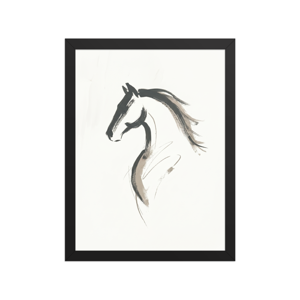 'Equine Spirit' — a Minimalism print. A bold minimalist ink sketch of a horse's profile in black and grey on a white background, perfect for an elegant living room.