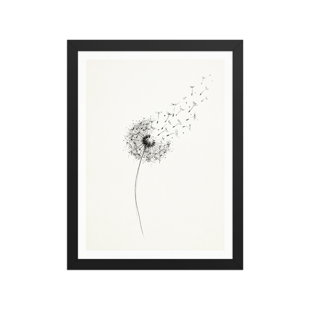 'Whispering Wishes' — a Minimalism print. A delicate black and white ink drawing of a dandelion with its seeds blowing away in the wind, perfect for a peaceful bedroom or nursery.