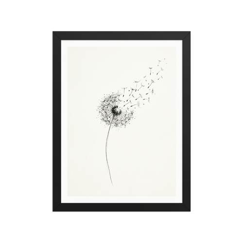 'Whispering Wishes' — a Minimalism print. A delicate black and white ink drawing of a dandelion with its seeds blowing away in the wind, perfect for a peaceful bedroom or nursery.