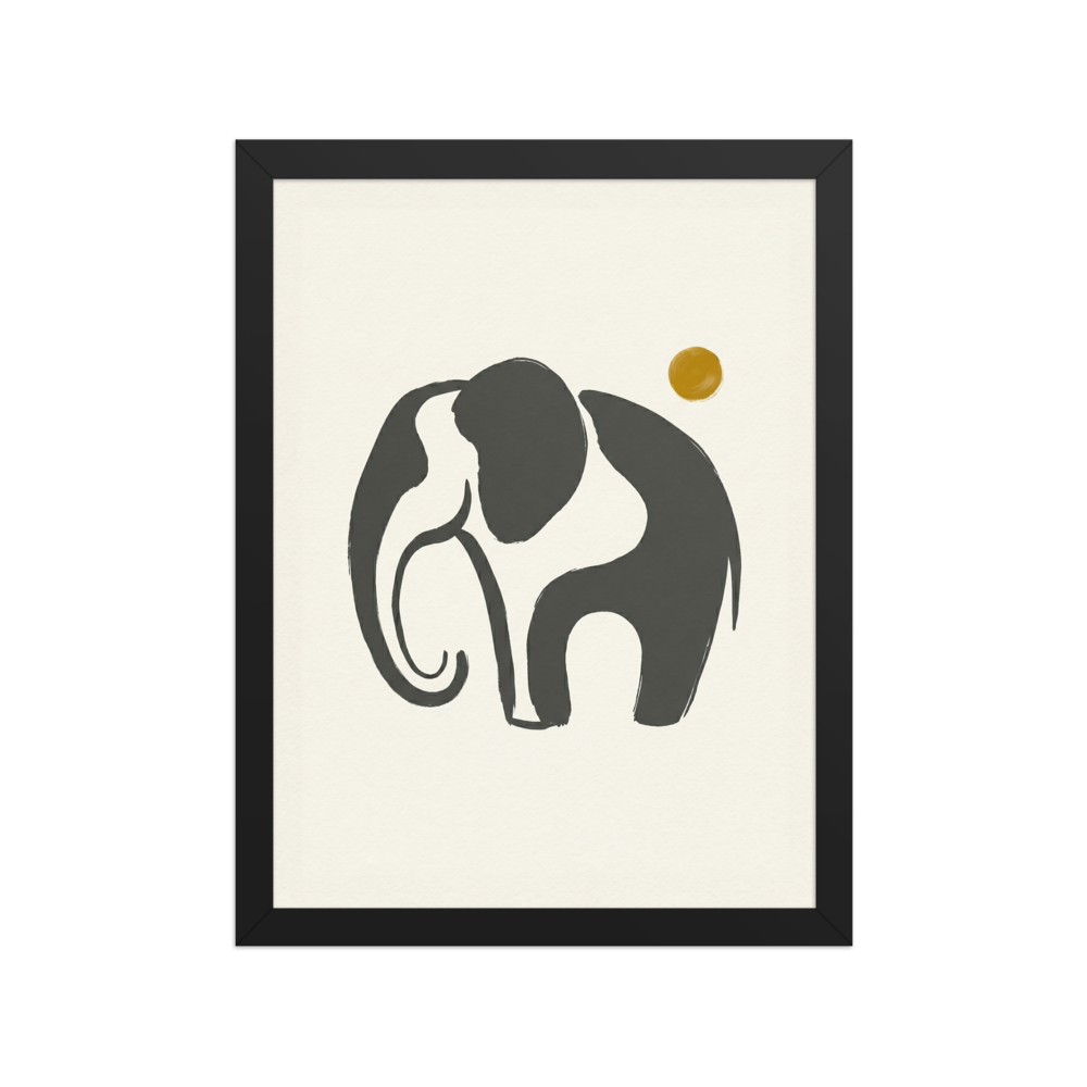 'Elephant under the Golden Sun' — a Minimalism print. A minimalist illustration of an elephant silhouette in grey brushstrokes with a golden sun on a light beige background, perfect for a nursery or living room.