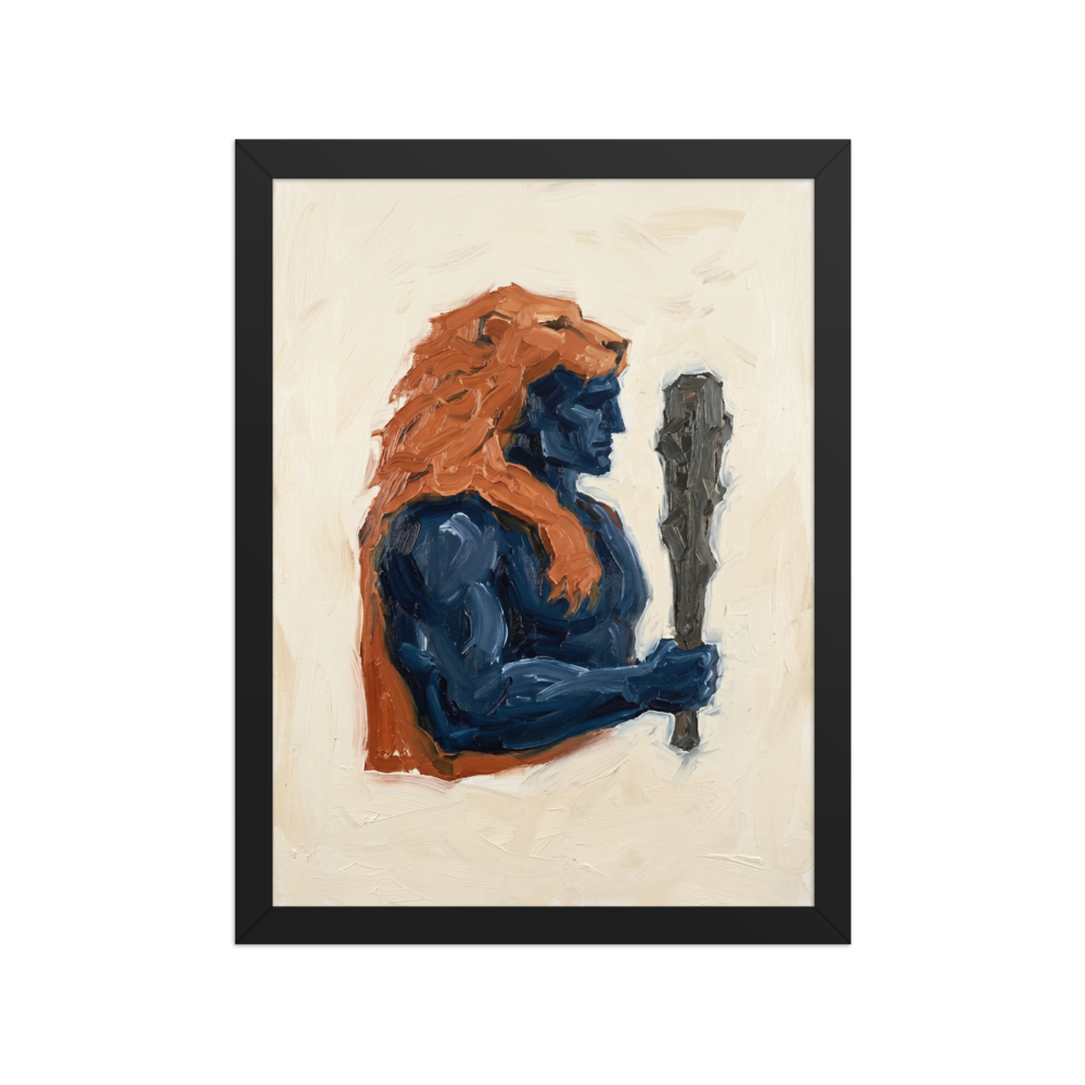 'Hercules's Mantle' — a Neo-expressionism,Figurative art print. An expressive, impasto painting of a blue mythological figure wearing an orange lion skin and holding a club, perfect for a bold living room or office.