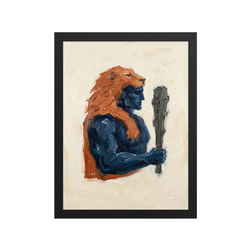 'Hercules's Mantle' — a Neo-expressionism,Figurative art print. An expressive, impasto painting of a blue mythological figure wearing an orange lion skin and holding a club, perfect for a bold living room or office.