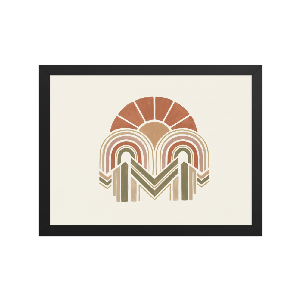 'Earthy Arches' — a Geometric abstract art print. A geometric bohemian abstract painting featuring arches and sun rays in earthy terracotta, beige, and olive green, perfect for a cozy living room.