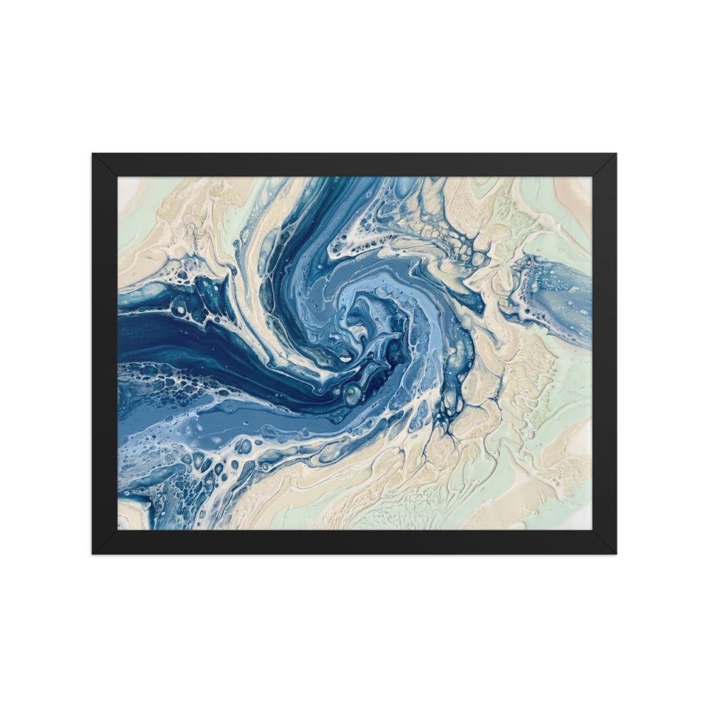 'Ocean Whirlpool' — a Abstract art print. A calming blue and white fluid abstract artwork resembling an ocean wave, perfect for a Bathroom.