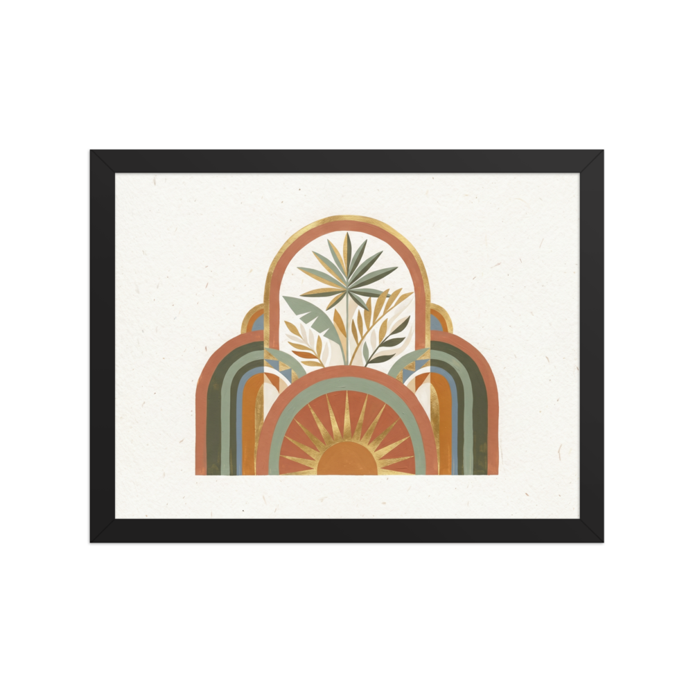 'Golden Archway Oasis' — a Minimalism,Geometric abstract art print. An abstract geometric design featuring arches, tropical leaves, and a golden sunburst on a textured background, perfect for a cozy Bedroom.