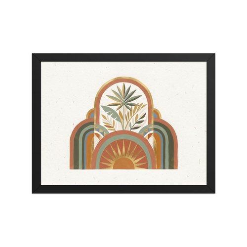 'Golden Archway Oasis' — a Minimalism,Geometric abstract art print. An abstract geometric design featuring arches, tropical leaves, and a golden sunburst on a textured background, perfect for a cozy Bedroom.