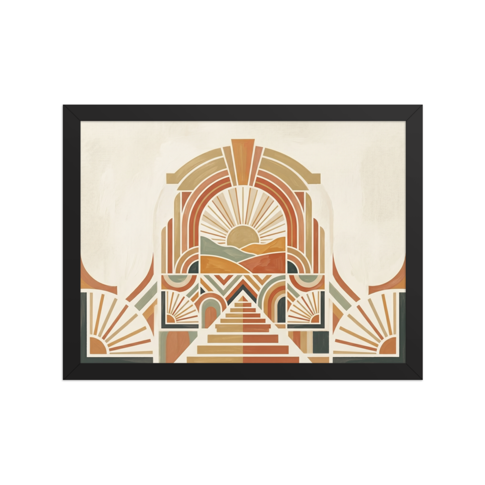 'Art Deco Desert Sunrise' — a Art Deco,Geometric abstract art print. An Art Deco geometric landscape with a rising sun, rolling hills, and intricate stepped architecture in warm earthy tones, ideal for a Living Room.