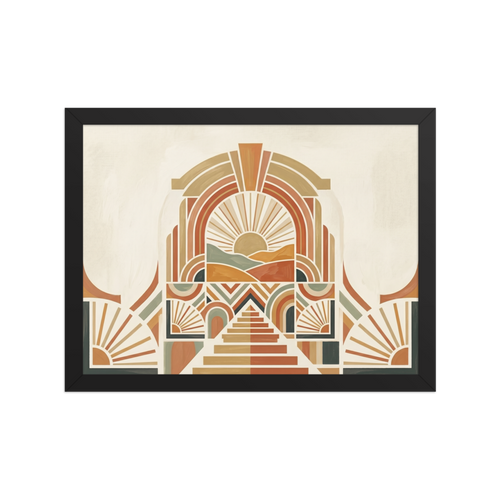 'Art Deco Desert Sunrise' — a Art Deco,Geometric abstract art print. An Art Deco geometric landscape with a rising sun, rolling hills, and intricate stepped architecture in warm earthy tones, ideal for a Living Room.