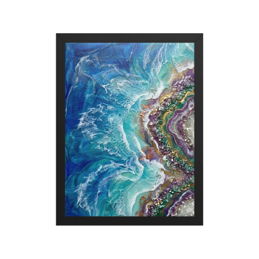 'Crystal Coast' — a Abstract art print. A vibrant blue ocean wave crashing against a purple geode crystal shore, perfect for a Bathroom.