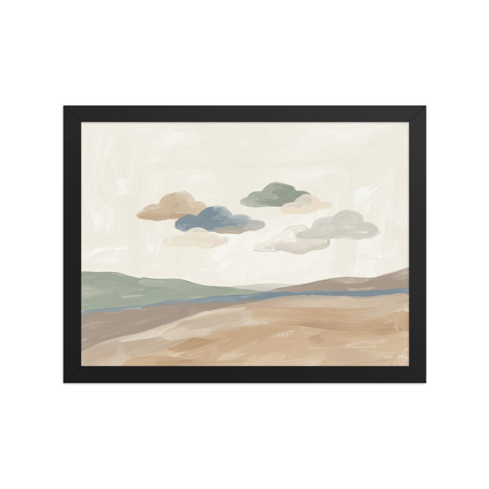 'Whispering Horizons' — a Minimalism print. A minimalist painted landscape with soft rolling hills and stylized clouds in muted earthy tones, perfect for a calming Bedroom or Nursery.