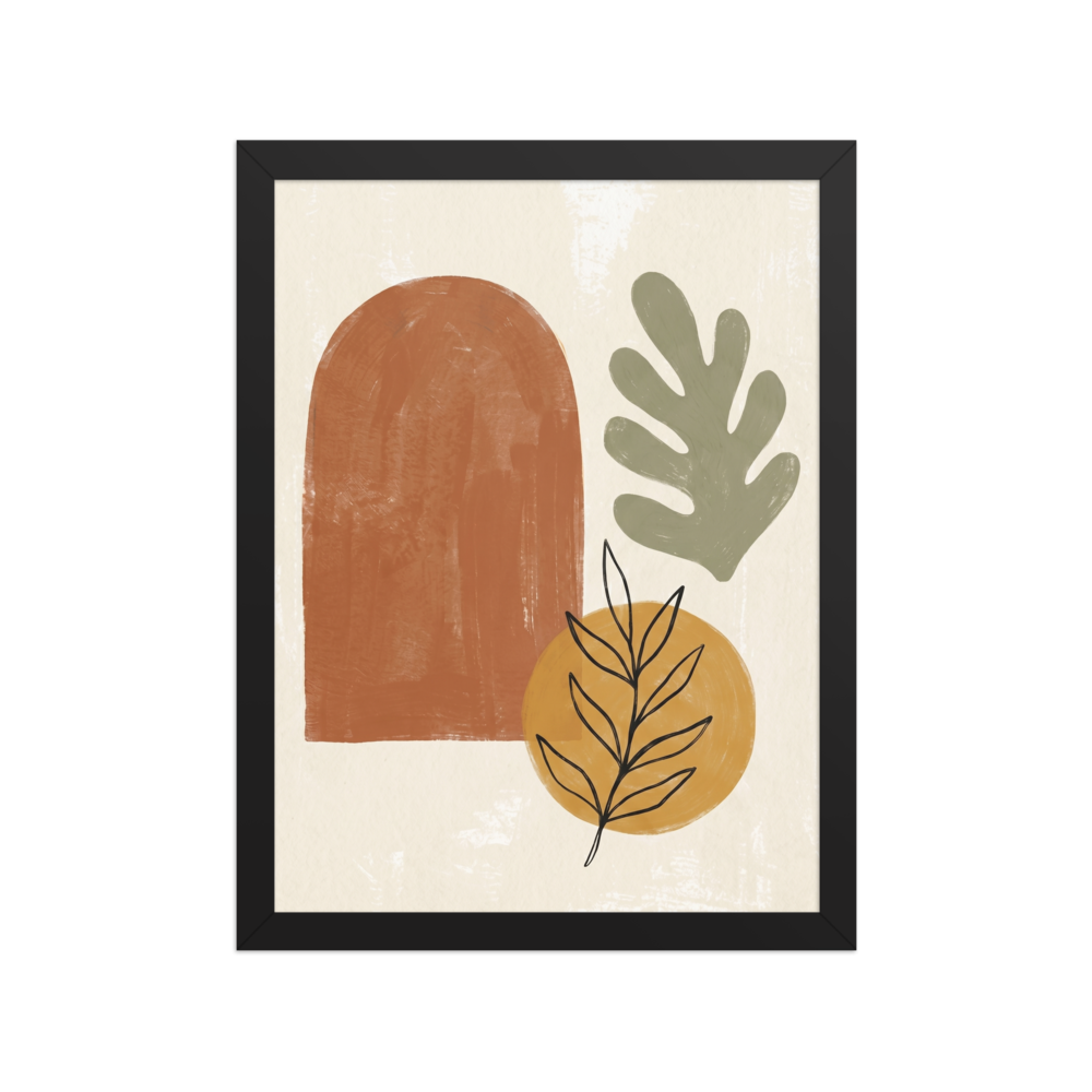 'Botanical Geometry in Earth Tones' — a Minimalism,Abstract art print. Minimalist abstract wall art featuring a terracotta arch, sage green leaf, and a golden circle with black line-art botanical details, perfect for a modern Living Room.