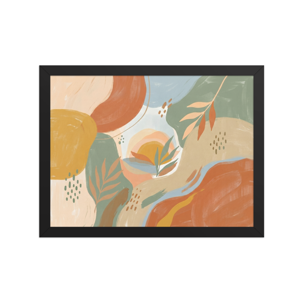 'Painted Sunset Oasis' — a Abstract expressionism,Minimalism print. An abstract painting featuring organic shapes, foliage, and a sunset in terracotta, sage green, and light blue tones, ideal for a Bedroom.