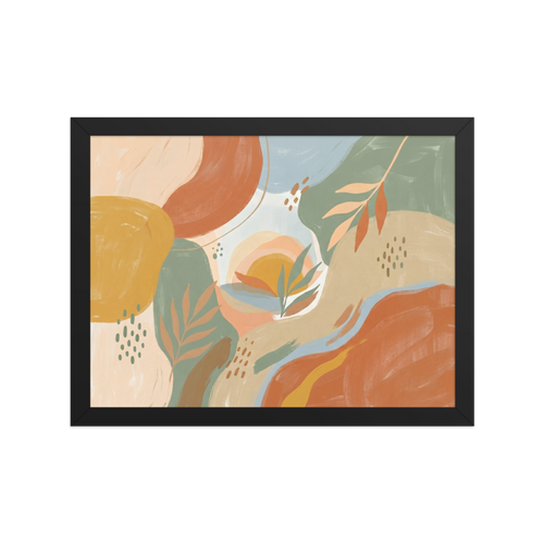 'Painted Sunset Oasis' — a Abstract expressionism,Minimalism print. An abstract painting featuring organic shapes, foliage, and a sunset in terracotta, sage green, and light blue tones, ideal for a Bedroom.