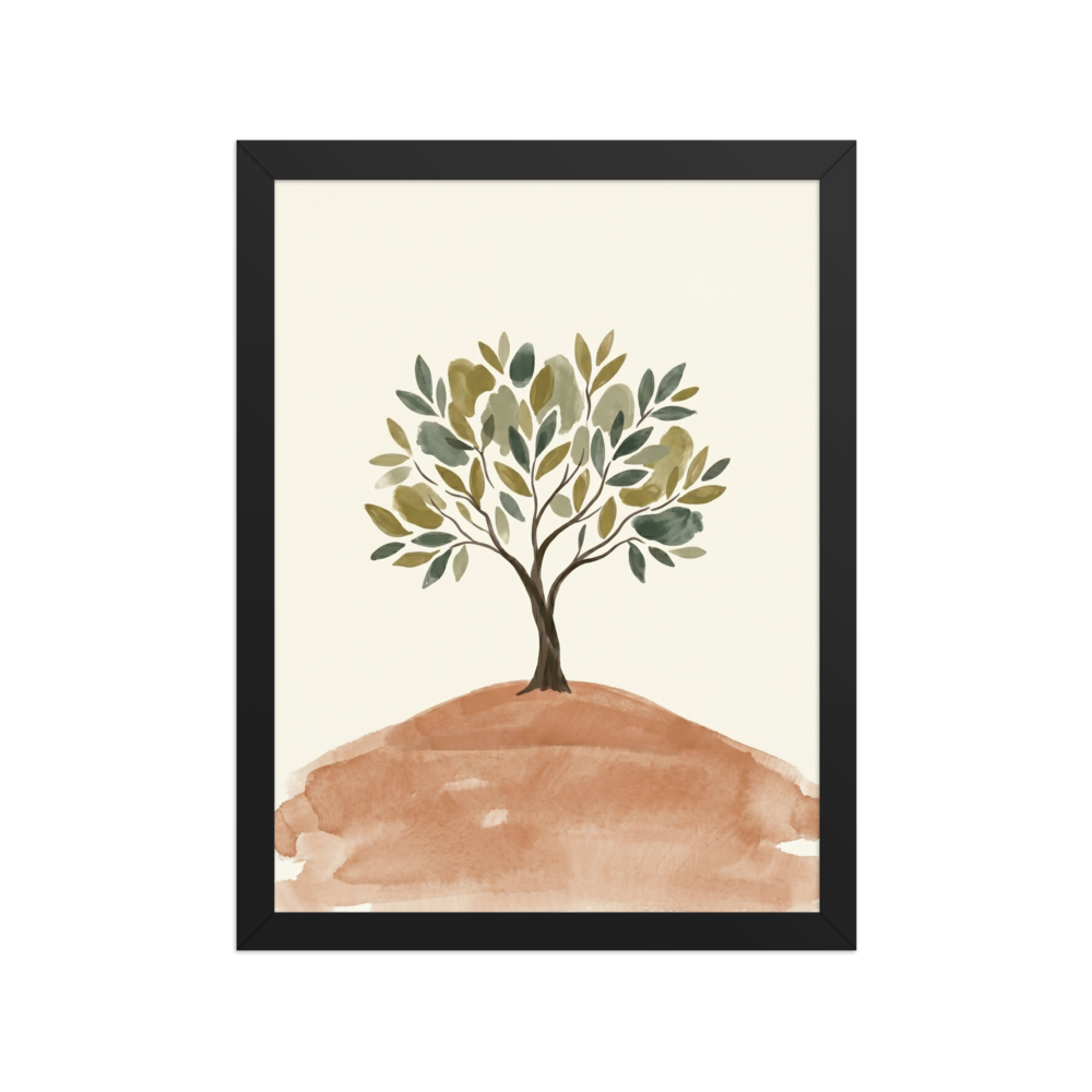 'Solitary Olive Tree' — a Minimalism print. A minimalist watercolor painting of a solitary tree with olive green leaves standing on a soft brown hill, perfect for a peaceful Nursery or Bedroom.