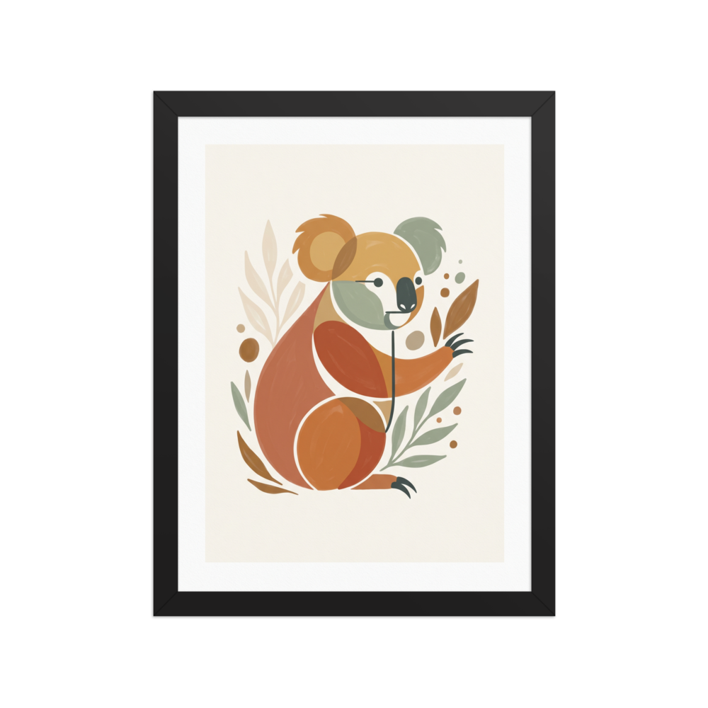 'Geometric Koala Bear' — a Minimalism,Abstract art print. An abstract, geometric illustration of a koala surrounded by leaves in earthy tones of rust, ochre, and sage green, perfect for a Playroom or Nursery.
