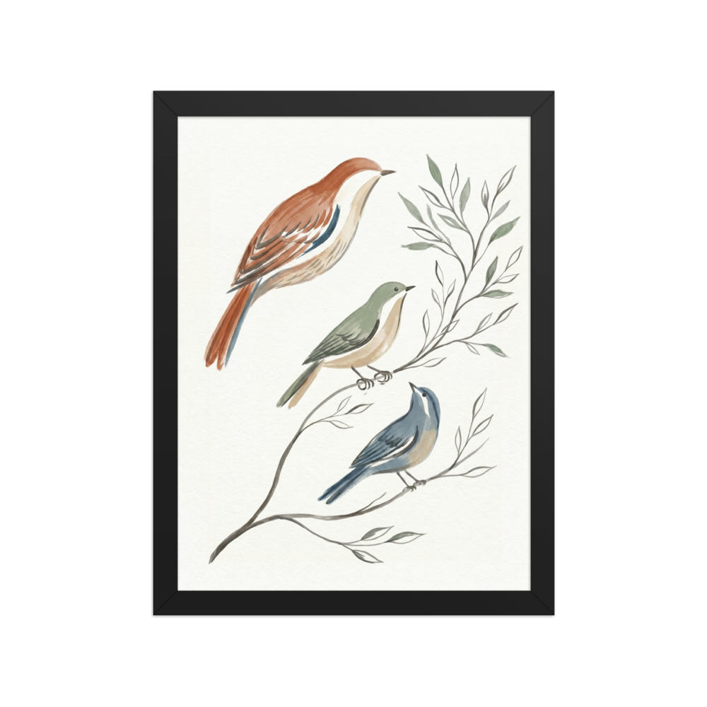 'Spring Aviary Sketch' — a Minimalism print. A minimalist watercolor painting of three birds in rust, sage, and slate blue perched on delicate branches, perfect for a calming Nursery or Bedroom.