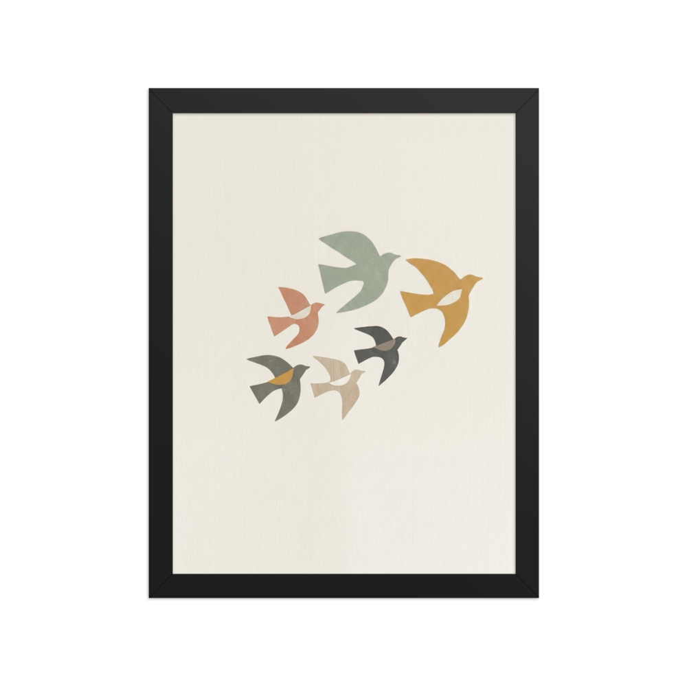 'The Minimalist Flock' — a Minimalism,Abstract art print. An abstract minimalist artwork showing a flock of birds in flight, rendered as geometric cutouts in sage, rust, and gold on a textured cream background, perfect for a Nursery.