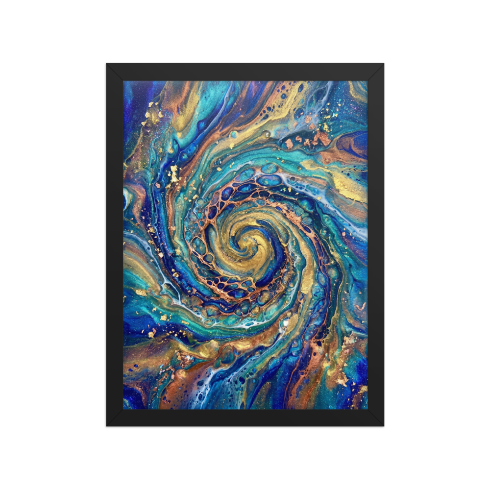 'Golden Vortex' — a Abstract art print. A swirling gold and blue abstract spiral artwork, perfect for a Living Room.