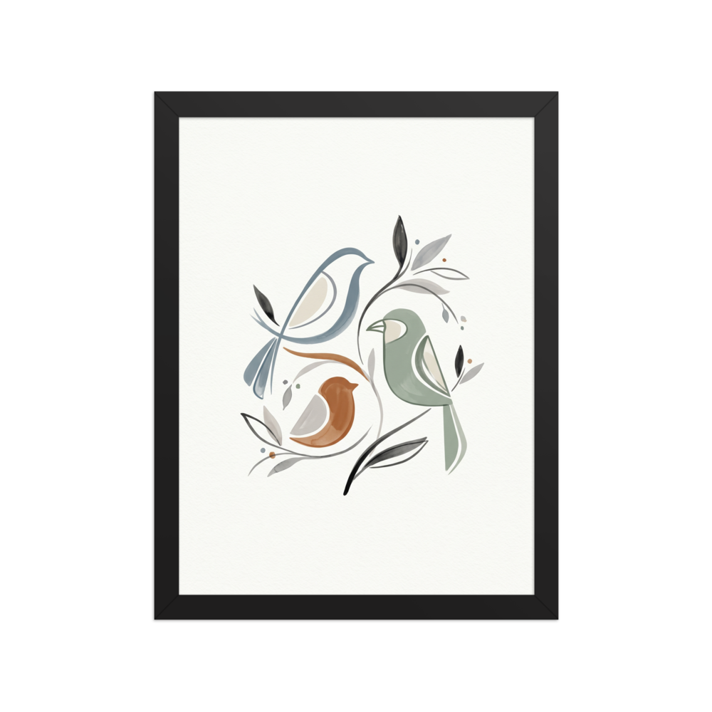 'Fluid Avian Harmony' — a Minimalism,Abstract art print. An abstract illustration of three stylized birds and foliage created with continuous fluid lines and watercolor washes in slate blue, rust, and sage, perfect for an elegant Bedroom.
